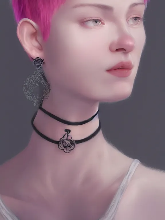 Prompt: beautiful russian girl with short pink hair and nose piercing, airpods, thin black choker, thin round earrings, winds of winter, au naturel, hyper detailed, digital art, trending in artstation, cinematic lighting, studio quality, smooth render, octane rendered, concept art, sharp focus, illustration, art by artgerm and greg rutkowski and wlop