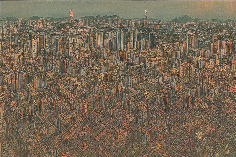 Image similar to kowloon walled city at night, by yoshitaka amano