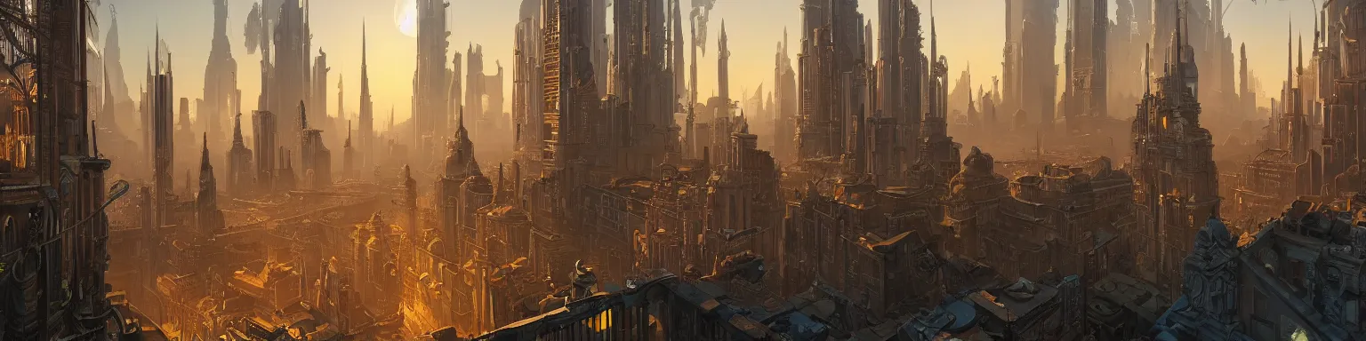 Prompt: an extensive matte painting with high detail, ground level, sci - fi colorful victorian megacity at golden hour with sharp shadows by tyler edlin and sparth, 4 k, vray, art nouveau influences. roger deakins, cinematic cinematography.
