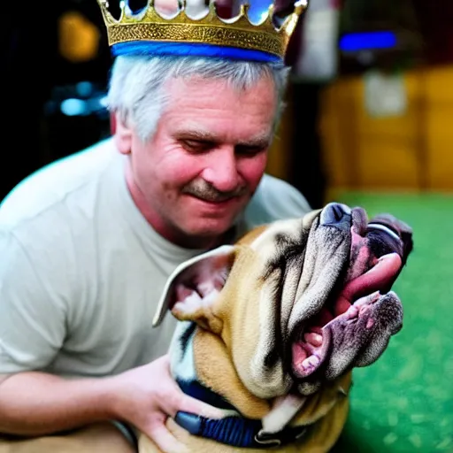 Prompt: Buddy the graying middle aged homeless man playing xbox and petting an english bulldog wearing a crown, dog wearing a plastic crown, photo by Wes Anderson