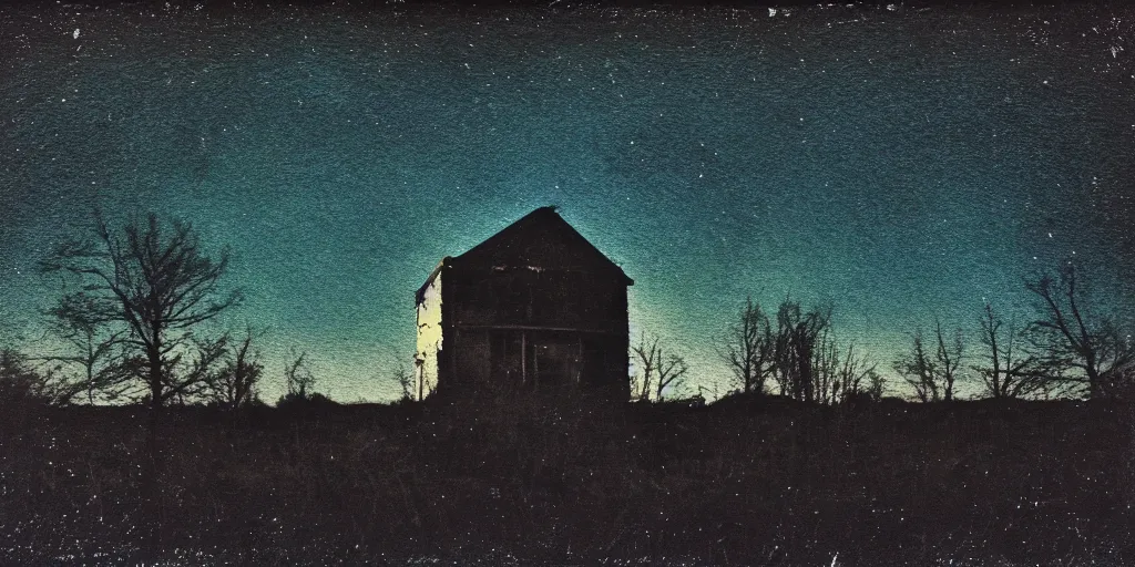 Prompt: polaroid photo of an abandoned house on a wasteland, colourful starry sky, slight color bleed, grain