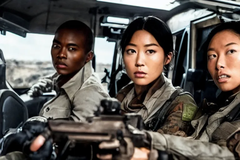 Image similar to movie diverse interracial team of Japanese robbers armed with rifles interior clean futuristic tactical van, beautiful skin, Symmetrical faces. natural lighting by Emmanuel Lubezki