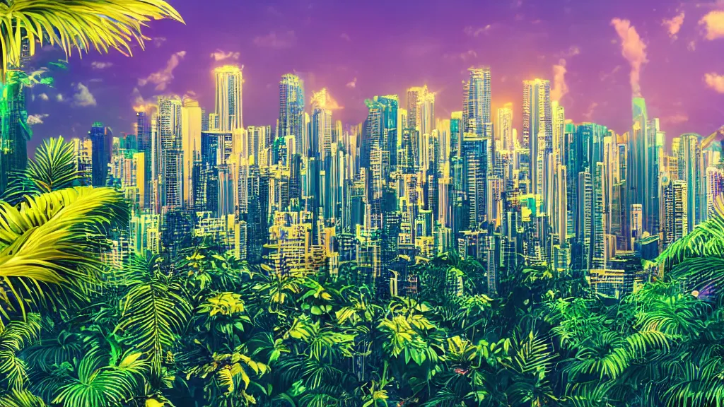 Image similar to golden city in a vaporwave jungle, 4k, ultra realistic, award winning photograph