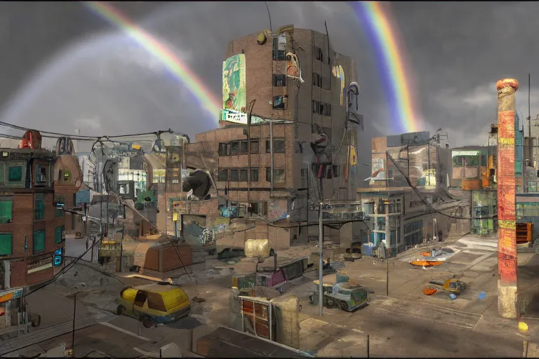 Image similar to a portal to rainbow city, half life 2, blender, hd,