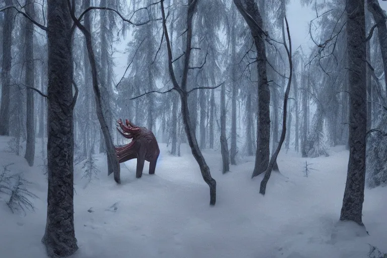 Prompt: creepy eldritch monster in a swedish forest in the winter, very low angle photograph, very detailed, trending on artstation, realistic, soft colors, simon stålenhag, lovecraft, horror