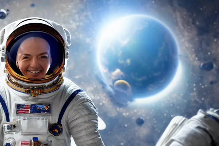 Image similar to astronaut in space wearing a spacesuit floating, earth in background, highly detailed, photorealistic portrait, bright studio setting, studio lighting, crisp quality and light reflections, unreal engine 5 quality render