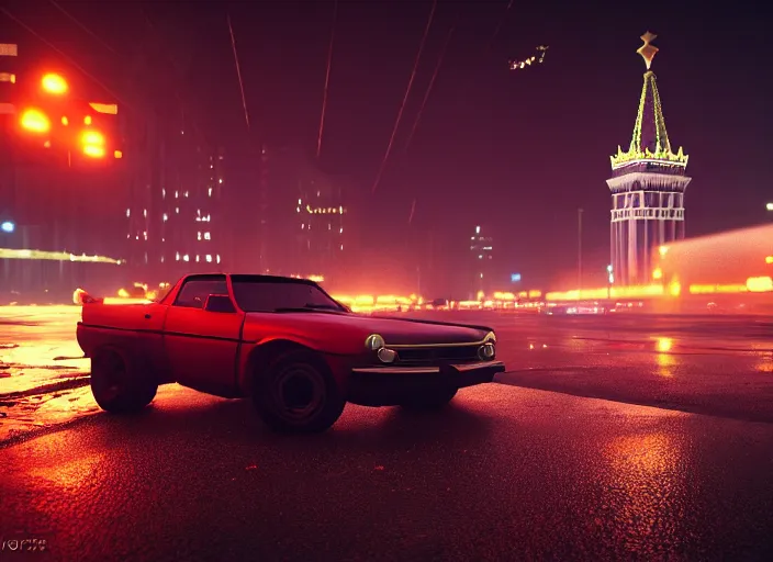 Prompt: gta in moscow, playstation 5 screenshot, mega details, dark night, orange lights, heavy rain, fog, beautiful rtx reflections, soviet suburbs, photorealistic, unreal engine 5, octane render, volumetric light, cg society, 4 k, bokeh, lada car, artstation