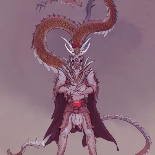 Image similar to concept art painting of an anthropomorphic dragon king with robes, a long dragon neck, and horned skull mask, in a deep forest, cel shaded, in the style of makoto shinkai and james gurney and studio ghibli and moebius