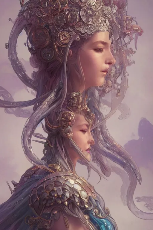 Prompt: a portrait of an anthropomorphic jellyfish warrior goddess, D&D, fantasy, intricate, highly detailed, digital painting, artstation, concept art, smooth, sharp focus, illustration, art by artgerm and greg rutkowski and alphonse mucha