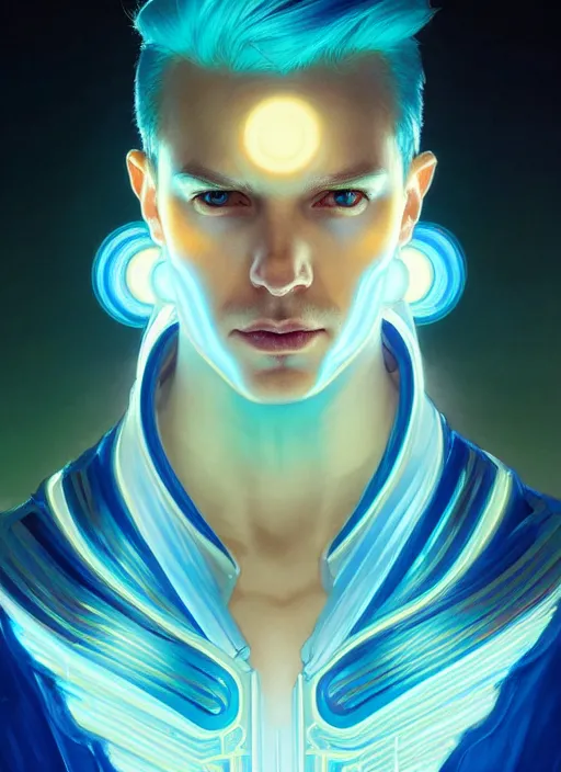 Prompt: symmetry!! portrait of man with blue flaming hair, sci - fi, glowing lights!! intricate, elegant, highly detailed, digital painting, artstation, concept art, smooth, sharp focus, illustration, art by artgerm and greg rutkowski and alphonse mucha,