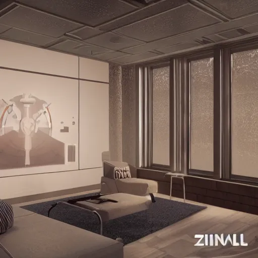 Image similar to Sci fi engine room living room, cybernetic wallpaper, thunderstrike walls, unreal engine 5 tech demo, zillow interior, cool tint, metallic reflective, octane render, Frank Lloyd Wright ((Studio Ghibli))