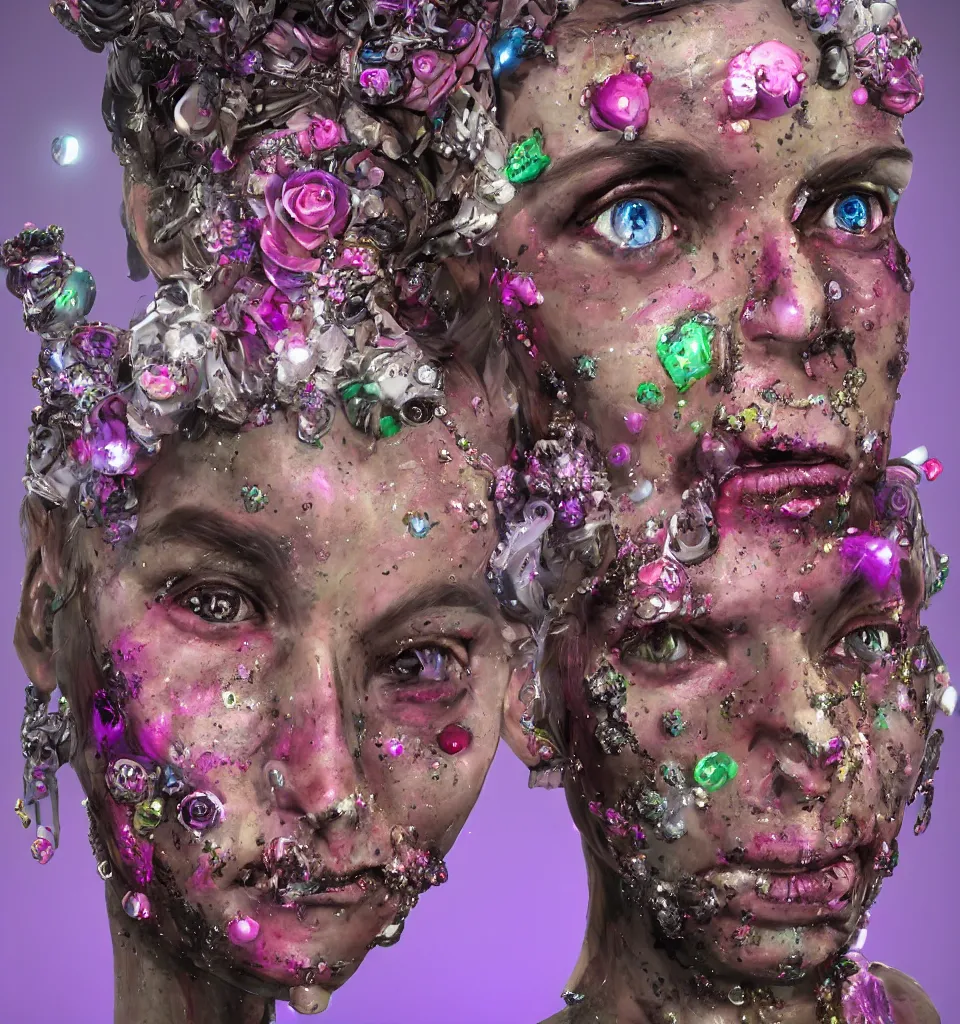 Prompt: portrait headshot of a zombie punk encrusted with gems flowers and crystals, face tattoos, photorealistic, dynamic lighting, action figure, clay sculpture, claymation, 4 k, gradient pink background, trending on artstation