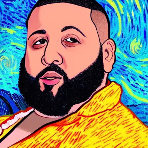 Image similar to ultra detailed portrait photo of dj khaled in a studio, blue, under red and yellow cinematic lighting, by van gogh, cartoon