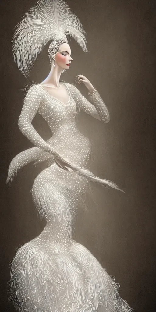 Prompt: a lady with a decorated dress made of white pearls and white plumes of swan highly detailed digital _ painting, cinematic, dramatic lighting