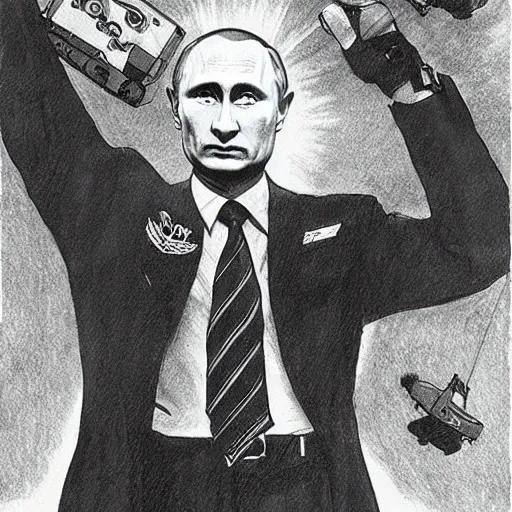 Image similar to vladimir putin in scene from dr. strangelove riding a bomb in the sky, cartoonish, ultra detailed pencil art, semi - realistic