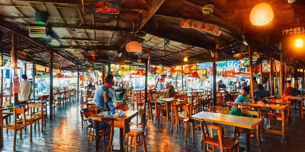 Image similar to interior of a kopitiam at pulau indah fishing village, near a jetty, early morning, hyperrealistic, detailed, low angle view, telephoto lens, bokeh, studio ghibli, artstation