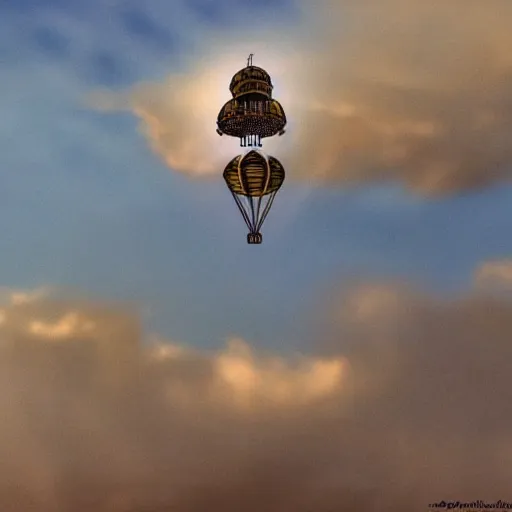 Prompt: A steampunk airship flying through the clouds towards a towards a steampunk city