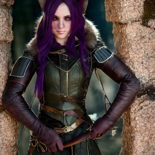 Image similar to anya charlota as a medieval fantasy tolkien elf, dark purplish hair tucked behind ears, wearing leather with a fur lined collar, wide, muscular build, scar across the nose, one black, scaled arm, cinematic, character art, real life, 8 k, detailed.