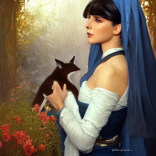 Image similar to a Photorealistic dramatic hyperrealistic render of an arab ameera al taweel, blue eyes, black hair, with a pet fox white veil,by WLOP,Artgerm,Greg Rutkowski,Alphonse Mucha, Beautiful dynamic dramatic dark moody lighting,shadows,cinematic atmosphere,Artstation,concept design art,Octane render,8K