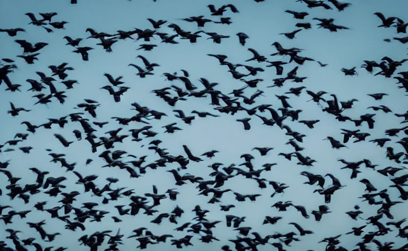 Image similar to low angle photo of a flock of birds scene from the travel plaza window, scene from being john malcovich film directed by charlie kaufman ( 2 0 0 1 ), moody cinematography and lighting, 2 4 mm anamorphic lens