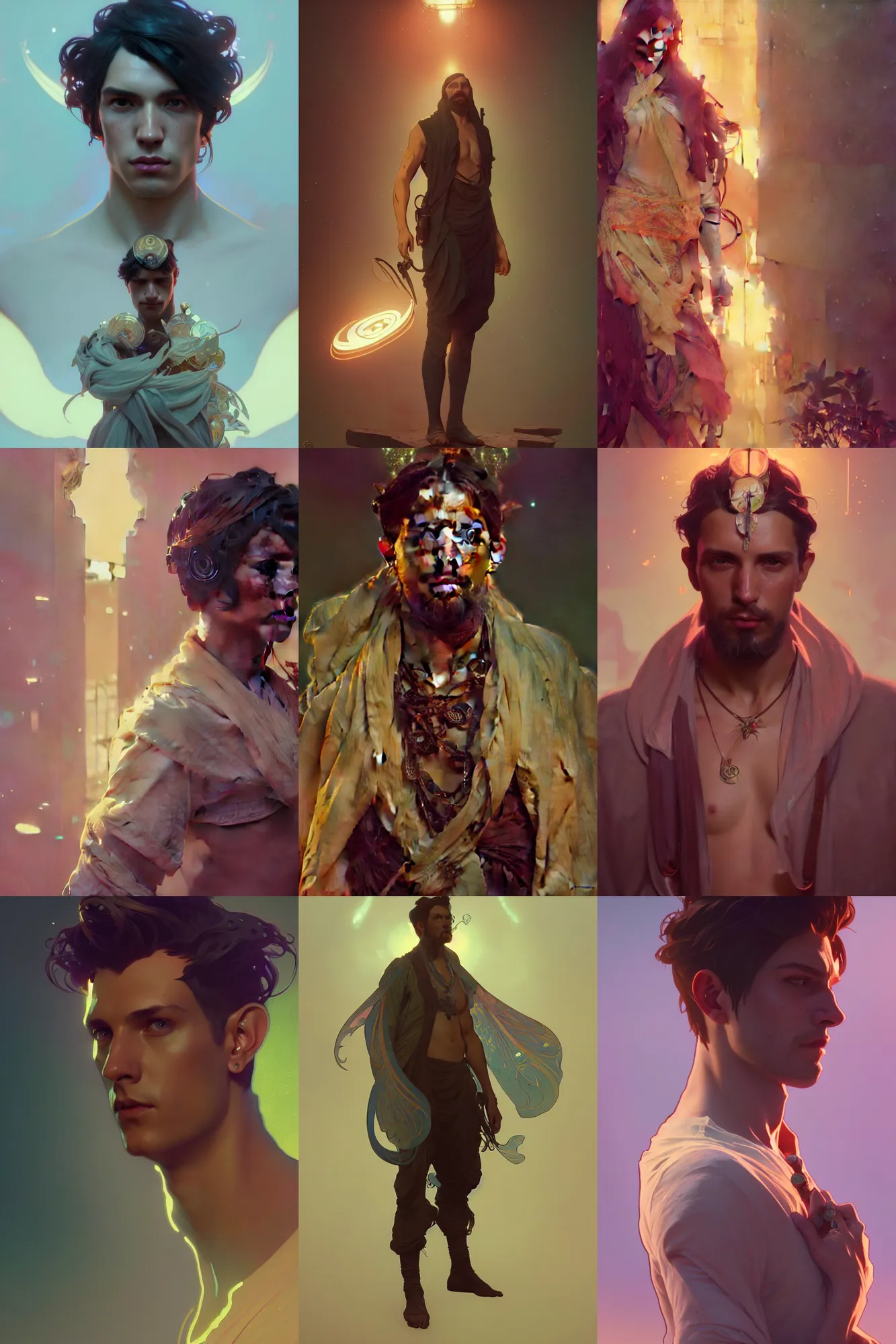 Prompt: beautiful male character concept by greg rutkowski, alphonse mucha, cgsociety and beeple highly, lily, plumeria, shimmer detailed, cinematic lighting, octane render, unreal engine lumen, very coherent. cinematic, hyperrealism, high detail, octane render, 8 k