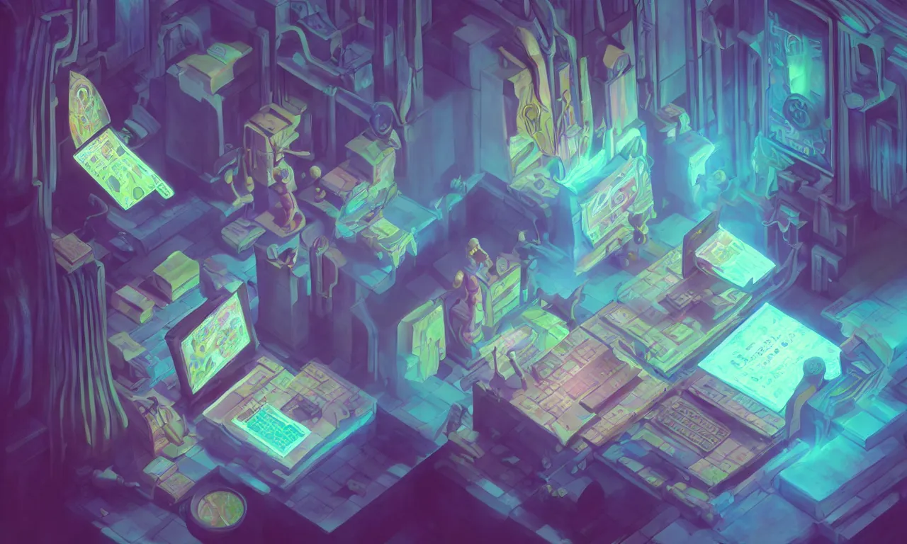 Image similar to workstations, kerberos realm, faked ticket close up, wizard reading a directory, pastel colours ravine, 3 d art, digital illustration, perfect lighting