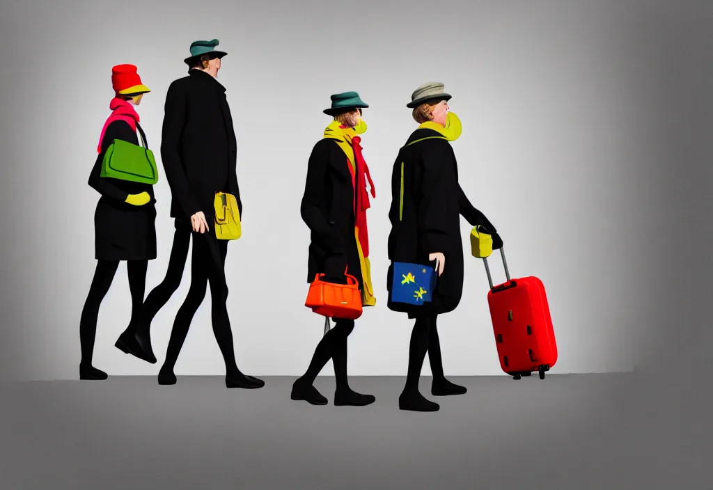 Prompt: full body portrait of a duo of european tourists autumn travel apparel, various poses walking and carrying luggage, character designs painting, in the style of wes anderson, rene magritte, lola dupre, david hockney, isolated on white background, dark monochrome neon spraypaint accents volumetric octane render
