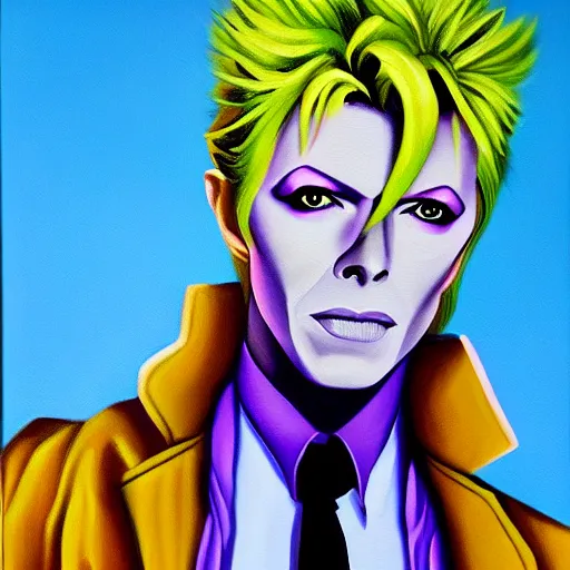 Image similar to an oil painting of blond David Bowie in purple jacket and light green shirt in style of Kira Yoshikage from JOJO.