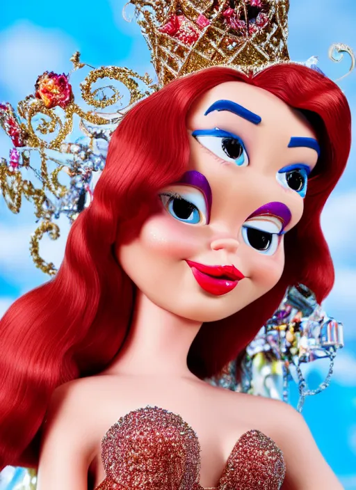 Prompt: closeup face profile portrait of a tin toy jessica rabbit as a fairytale princess wearing a crown eating cakes, bikini, depth of field, zeiss lens, detailed, symmetrical, centered, fashion photoshoot, by nicoletta ceccoli, mark ryden, lostfish, breathtaking, 8 k resolution, extremely detailed, beautiful, establishing shot, artistic, hyperrealistic, octane render