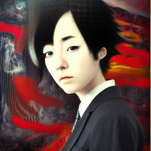 Image similar to yoshitaka amano blurred and dreamy realistic three quarter angle portrait of a young woman with short hair and black eyes wearing office suit with tie, junji ito abstract patterns in the background, satoshi kon anime, noisy film grain effect, highly detailed, renaissance oil painting, weird portrait angle, blurred lost edges