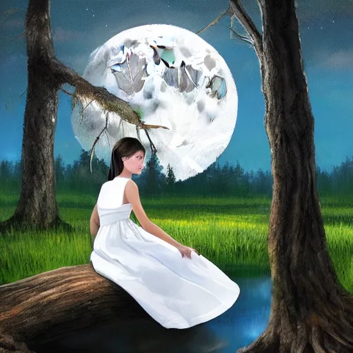 Image similar to a girl in a white dress looks up at the moon while sitting on the roots of an ancient tree next to a pond, the moon can be glimpsed, a towering forest surrounds the pond, dark fantasy, night time, realistic painting, ultra detailed