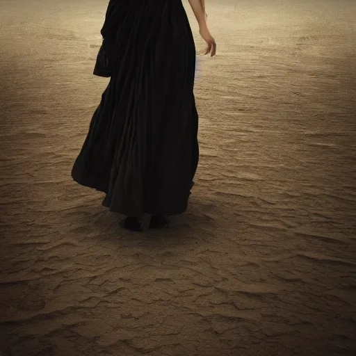 Image similar to a girl with long white long dress walking in black sand desert crows around her by egon schiele and michael angelo, baroque, neo Gothic,matte painting, baroque detailes,photo real,concept art,highly detailed,sharp lines, hdri, 4k