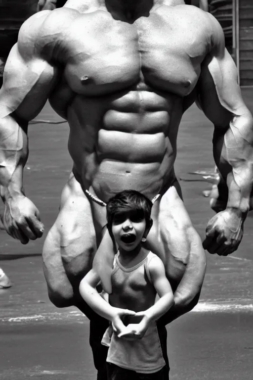 Prompt: Mini-Me is a jacked muscle builder gigachad, grayscale photography