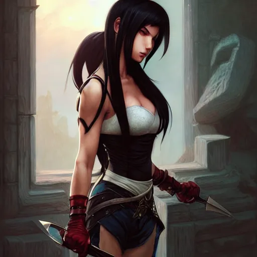 Image similar to an epic fantasy comic book style portrait painting of tifa, d & d, fantasy, intricate, elegant, digital painting, artstation, concept art, extremely detailed, matte, sharp focus, illustration, art by artgerm and greg rutkowski and alphonse mucha