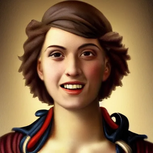 Prompt: laughing, beautiful, intelligent, tanned, female pirate captain 2 8 years old, 1 9 4 0 s haircut, fully clothed, wise, beautiful, masterful 1 8 0 0 s oil painting hanging at the louvre, dramatic lighting, sharp focus