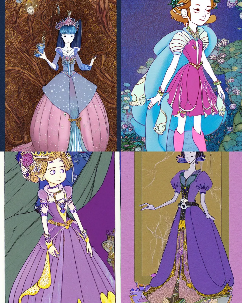 Prompt: a beautifully dressed princess in a fantasy world, half - length photo, illustration, bart by yuki ryota and yoshitaka amano and kimio muraoka