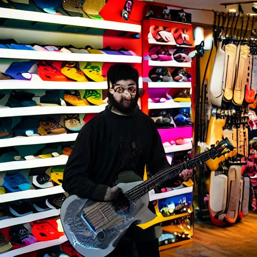 Image similar to a photograph of a man poorly cosplaying as a bear while holding a guitar, he is in a shoe store, he is standing in between long store isles, vivid color, 50mm