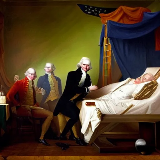 Image similar to oil painting Life of George Washington Deathbed but everyone is looking at glowing iPhones