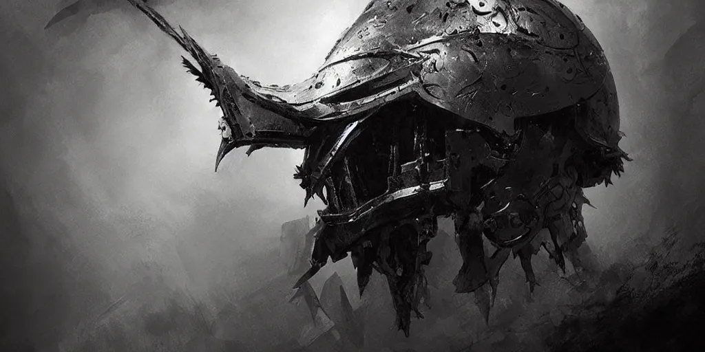 Image similar to crow skull knight helmet, grimdark, fantasy, trench crusade, terrifying, dark, fog, atmospheric cold lighting, dark souls, hyperrealistic, art by sparth