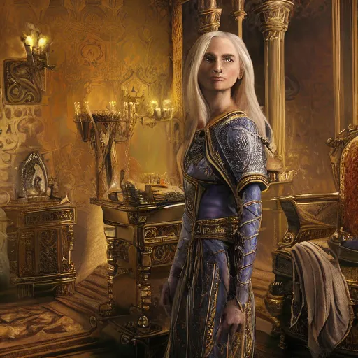 Prompt: the elder scrolls vi, regal blonde high elf royalty, portrait, exquisitely detailed throne room, atmospheric lighting, painted, intricate, volumetric lighting, beautiful, daytime,, slight overcast weather, 4 5 0 0 k, sharp focus, deep colours, ultra detailed, by leesha hannigan, ross tran, thierry doizon, kai carpenter, ignacio fernandez rios