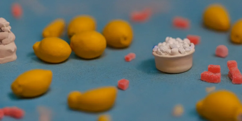 Image similar to a cinematic film still of a claymation stop motion film about a town made of lemons and candy, shallow depth of field, 8 0 mm, f 1. 8