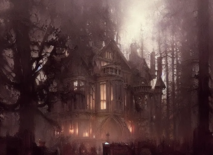 Prompt: gothic mansion, ornate, magical, artwork, paint, sunny, serene, trees, bastien lecouffe deharme, by jeremy mann