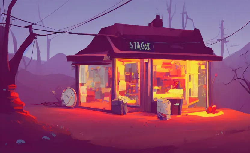 Prompt: old shop on a hill, james gilleard, print, game art