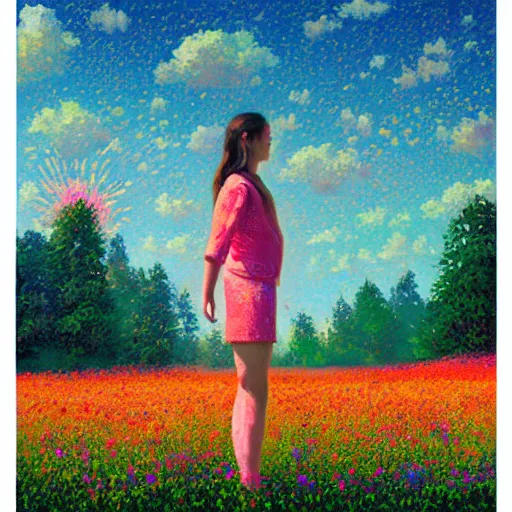 Image similar to girl made from surreal exploding flowers, standing in flower field, big trees, sunrise dramatic light, impressionist painting, colorful clouds, digital painting, pointillism, artstation, simon stalenhag