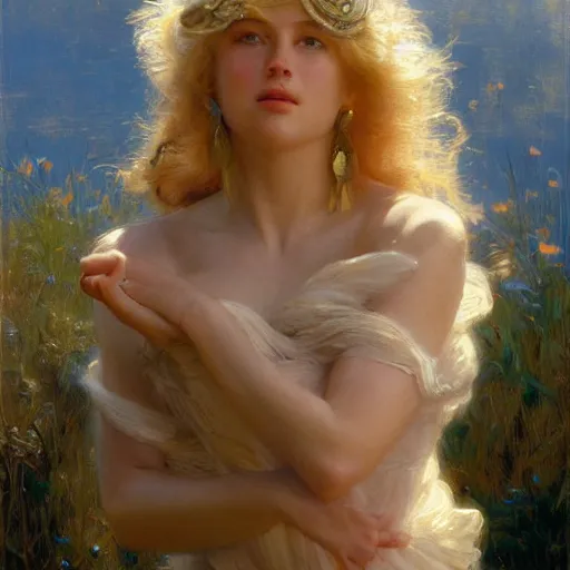 Image similar to detailed cinematic wide shot of beautiful attractive woman clean skin blue yese blonde hair, ultra realistic, spring light, painting by gaston bussiere, craig mullins, j. c. leyendecker