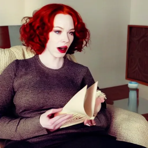 Image similar to amazing beautiful Christina Hendricks with mouth wide open in the living room, film still from the movie directed by Denis Villeneuve , wide lens