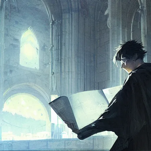 Image similar to a priest reading manga geog darrow greg rutkowski