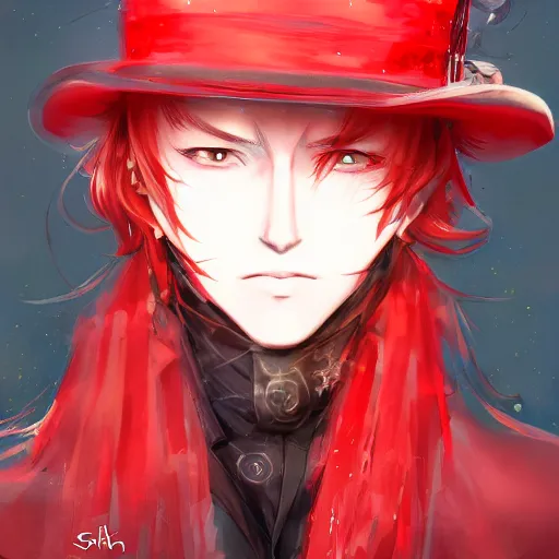 Image similar to semi realistic anime illustration of top hat wearing red haired man, with beautiful hyperdetailed eyes, facing camera directly, full face portrait made by Stanley Artgerm, WLOP, Rossdraws, James Jean Andrei Riabovitchev, Marc Simonetti, Yoshitaka Amano, Artstation