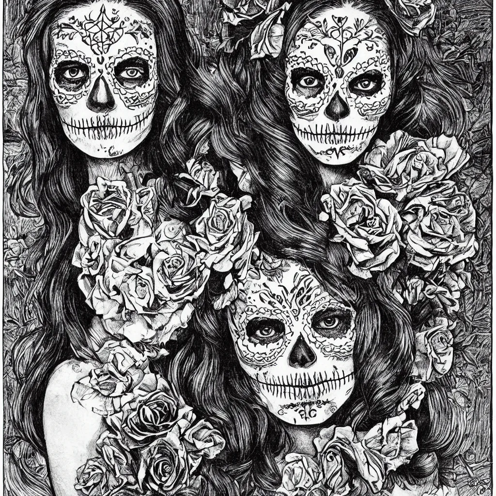 Image similar to Illustration of a sugar skull day of the dead girl, art by louis rhead