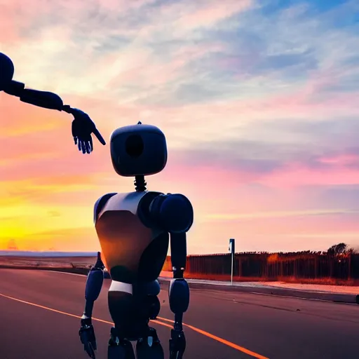 Image similar to a calming photograph of a tall, slender, humanoid robot caresses a beautiful woman in the face, large shot, wide shot, in a street, sunset photo